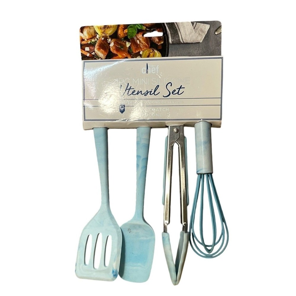 Chef Utensils Turner,Spatlua,Tongs & whisk Lt. Blue/White NEW